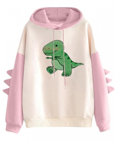 Dino Hoodie Womens Cute Cartoon Dinosaur Graphci Sweatshirts Long Sleeve Splice Loose Comfy Pullover Tops 03 Pink $11.11 Hood...