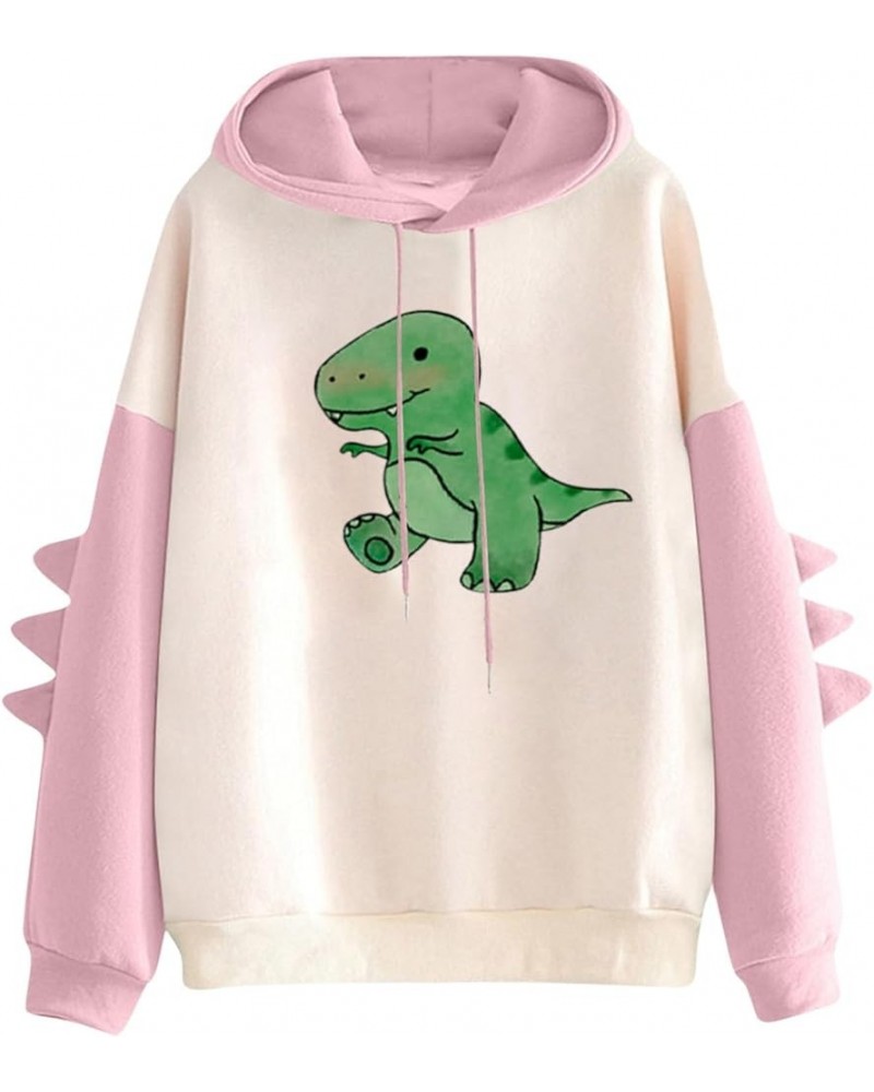 Dino Hoodie Womens Cute Cartoon Dinosaur Graphci Sweatshirts Long Sleeve Splice Loose Comfy Pullover Tops 03 Pink $11.11 Hood...