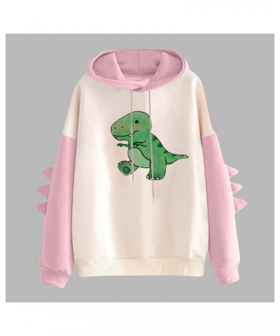 Dino Hoodie Womens Cute Cartoon Dinosaur Graphci Sweatshirts Long Sleeve Splice Loose Comfy Pullover Tops 03 Pink $11.11 Hood...