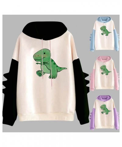 Dino Hoodie Womens Cute Cartoon Dinosaur Graphci Sweatshirts Long Sleeve Splice Loose Comfy Pullover Tops 03 Pink $11.11 Hood...