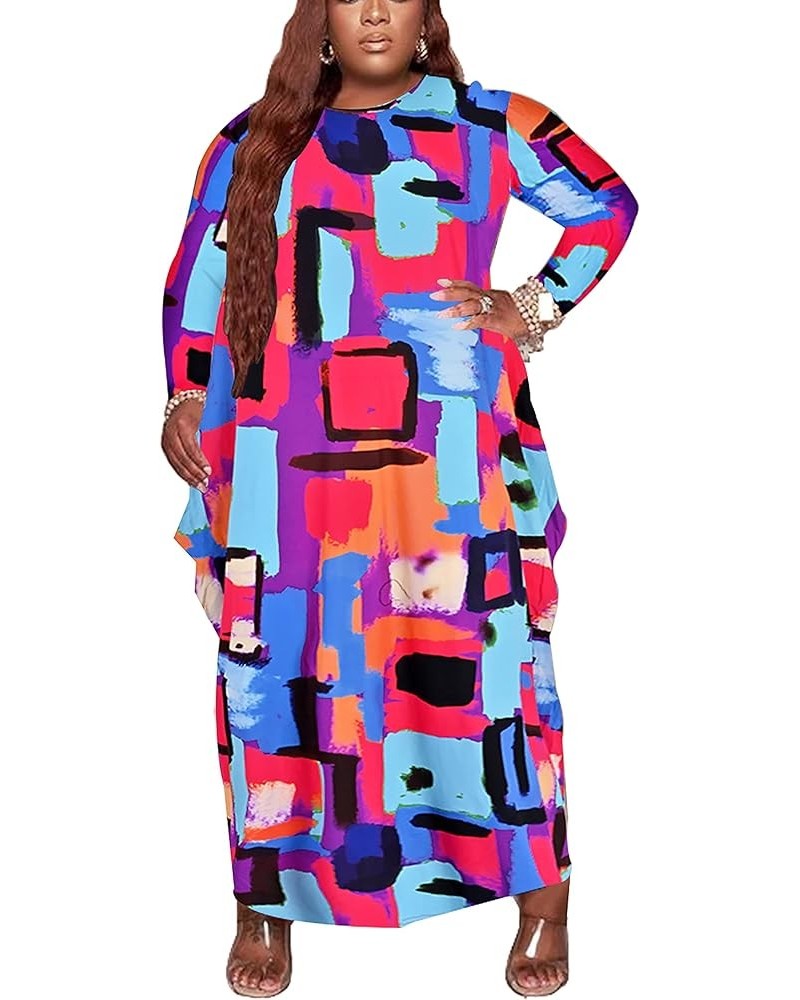 Women's Casual Loose Plus Size Maxi Dress Graphic Print Long Sleeve Baggy Long T-Shirt Tunic Dress with Pockets B-012-purple-...