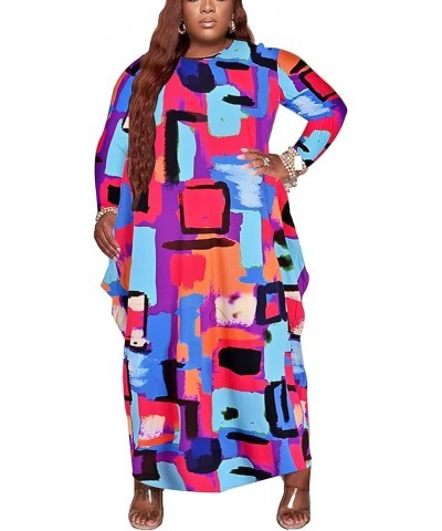 Women's Casual Loose Plus Size Maxi Dress Graphic Print Long Sleeve Baggy Long T-Shirt Tunic Dress with Pockets B-012-purple-...