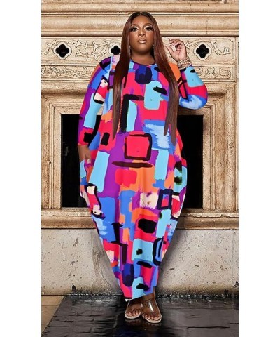 Women's Casual Loose Plus Size Maxi Dress Graphic Print Long Sleeve Baggy Long T-Shirt Tunic Dress with Pockets B-012-purple-...