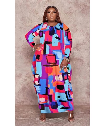 Women's Casual Loose Plus Size Maxi Dress Graphic Print Long Sleeve Baggy Long T-Shirt Tunic Dress with Pockets B-012-purple-...