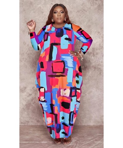 Women's Casual Loose Plus Size Maxi Dress Graphic Print Long Sleeve Baggy Long T-Shirt Tunic Dress with Pockets B-012-purple-...