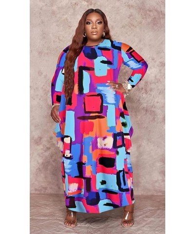 Women's Casual Loose Plus Size Maxi Dress Graphic Print Long Sleeve Baggy Long T-Shirt Tunic Dress with Pockets B-012-purple-...