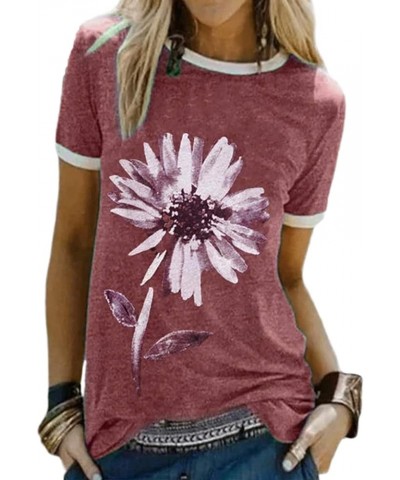 Women's Summer T-Shirt Cute Dandelion Flowers Graphic Print Short Sleeve Crewneck Tee Tops Blouse 1-brick Red $11.95 T-Shirts