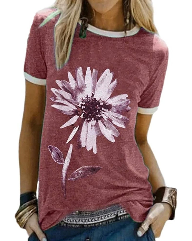 Women's Summer T-Shirt Cute Dandelion Flowers Graphic Print Short Sleeve Crewneck Tee Tops Blouse 1-brick Red $11.95 T-Shirts