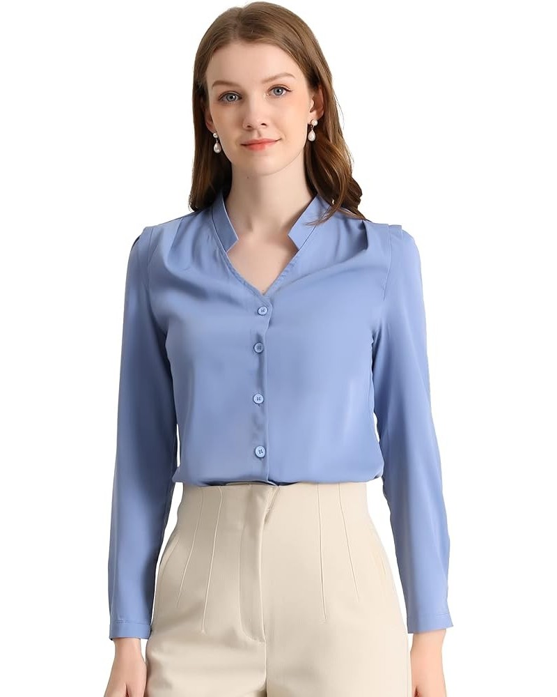 Women's Work Office Blouse Button Up Long Sleeve V Neck Chiffon Shirt Blue $18.69 Blouses