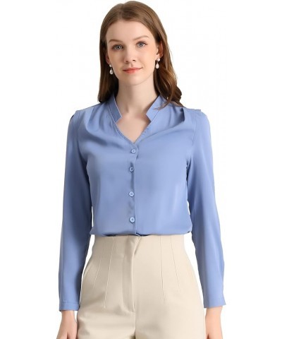 Women's Work Office Blouse Button Up Long Sleeve V Neck Chiffon Shirt Blue $18.69 Blouses