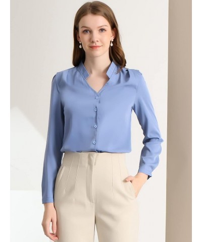 Women's Work Office Blouse Button Up Long Sleeve V Neck Chiffon Shirt Blue $18.69 Blouses