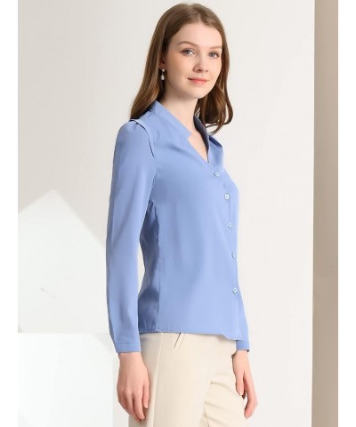 Women's Work Office Blouse Button Up Long Sleeve V Neck Chiffon Shirt Blue $18.69 Blouses