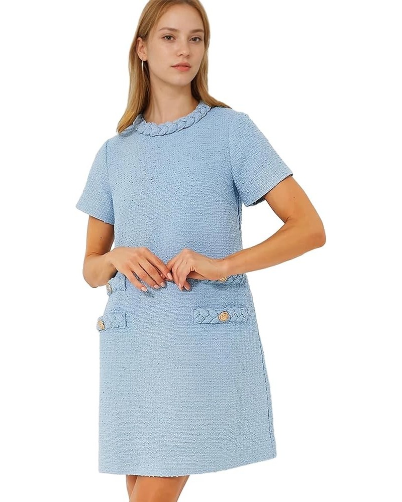 Womens Tweed Dress Elegant Vintage Short Sleeve A Line Business Mini Bodycon Skirt Casual Holiday Dresses for Women Blue $30....