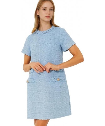 Womens Tweed Dress Elegant Vintage Short Sleeve A Line Business Mini Bodycon Skirt Casual Holiday Dresses for Women Blue $30....