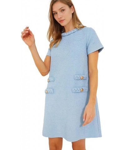 Womens Tweed Dress Elegant Vintage Short Sleeve A Line Business Mini Bodycon Skirt Casual Holiday Dresses for Women Blue $30....