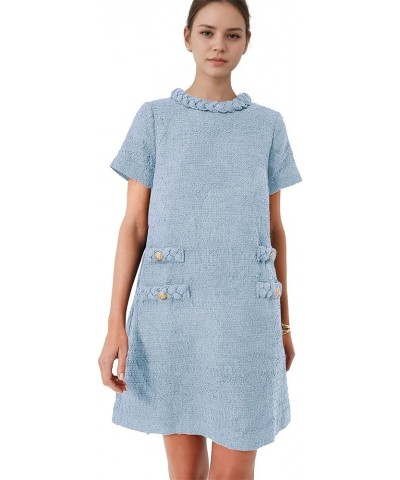 Womens Tweed Dress Elegant Vintage Short Sleeve A Line Business Mini Bodycon Skirt Casual Holiday Dresses for Women Blue $30....