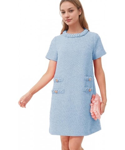 Womens Tweed Dress Elegant Vintage Short Sleeve A Line Business Mini Bodycon Skirt Casual Holiday Dresses for Women Blue $30....