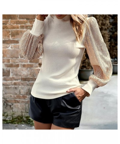 Women's Sparkle Sequin Tops Long Sleeve Pullover Shirt Sparkly Glitter Sweatshirt Mock Neck Puff Sleeve Blouse Top Apricot $1...