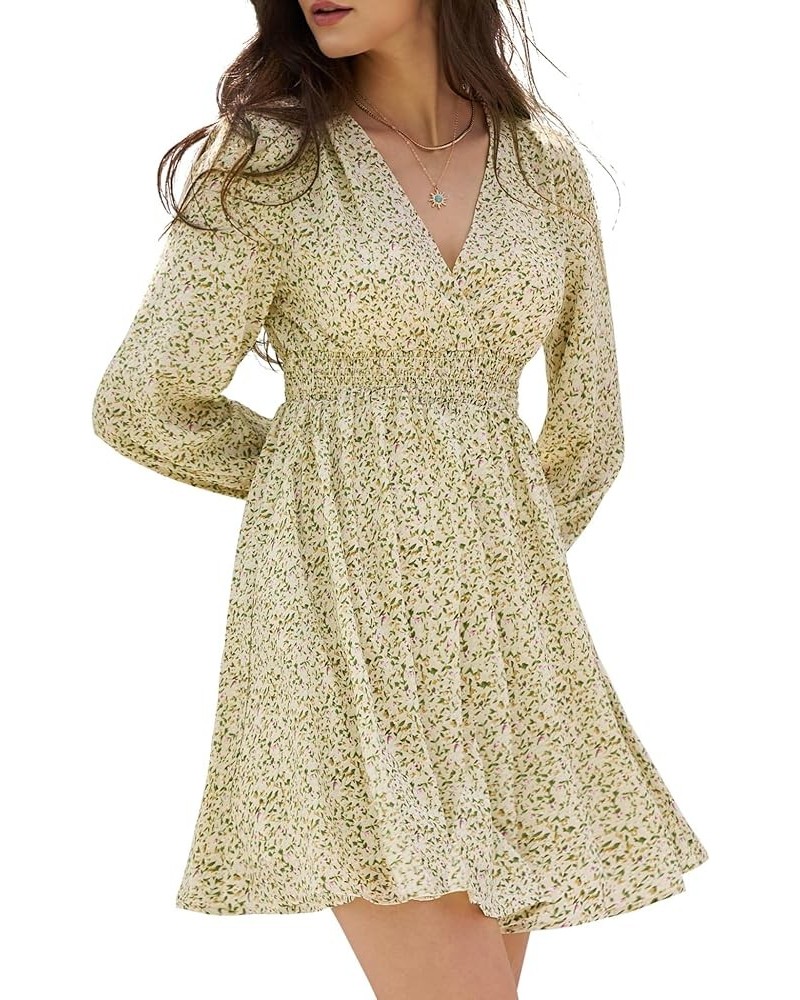 Long Sleeve Floral Dress for Women Short Summer 2024 Wrap V Neck Elastic High Waist Flowy Fall Dresses with Pockets Yellow $1...