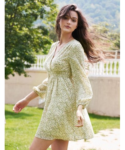 Long Sleeve Floral Dress for Women Short Summer 2024 Wrap V Neck Elastic High Waist Flowy Fall Dresses with Pockets Yellow $1...