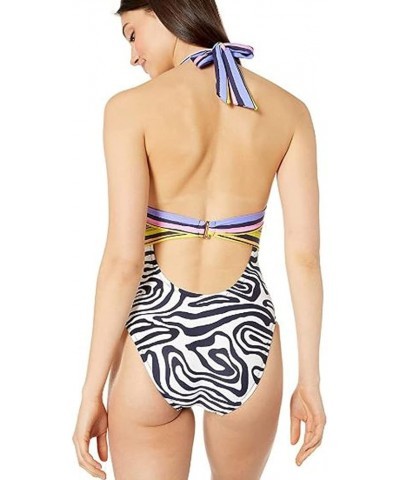 Women's V-Front Keyhole Halter One Piece Swimsuit Black//Zebra $48.81 Swimsuits