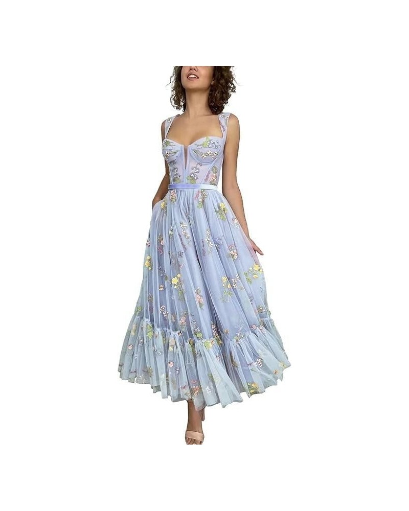 Tulle Flower Embroidery Prom Dresses Spaghetti Strap Fairy Ruched Formal Dresses Evening Party Gowns 2024 Blue $28.60 Dresses