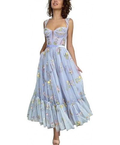 Tulle Flower Embroidery Prom Dresses Spaghetti Strap Fairy Ruched Formal Dresses Evening Party Gowns 2024 Blue $28.60 Dresses