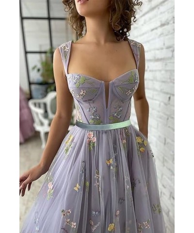 Tulle Flower Embroidery Prom Dresses Spaghetti Strap Fairy Ruched Formal Dresses Evening Party Gowns 2024 Blue $28.60 Dresses