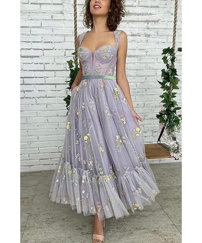 Tulle Flower Embroidery Prom Dresses Spaghetti Strap Fairy Ruched Formal Dresses Evening Party Gowns 2024 Blue $28.60 Dresses