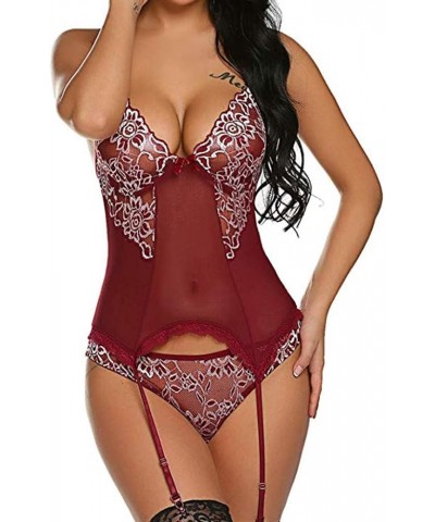 Womens Lingerie, Women Valentine's Day Lingerie Sets with Garter Belt 3 Piece Lace Teddy Babydoll Bodysuit Wine $5.21 Underwear