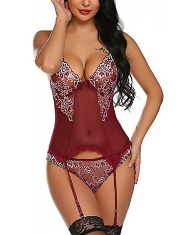 Womens Lingerie, Women Valentine's Day Lingerie Sets with Garter Belt 3 Piece Lace Teddy Babydoll Bodysuit Wine $5.21 Underwear