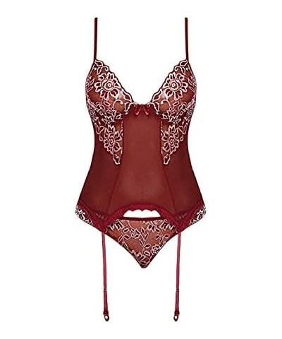 Womens Lingerie, Women Valentine's Day Lingerie Sets with Garter Belt 3 Piece Lace Teddy Babydoll Bodysuit Wine $5.21 Underwear