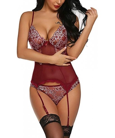 Womens Lingerie, Women Valentine's Day Lingerie Sets with Garter Belt 3 Piece Lace Teddy Babydoll Bodysuit Wine $5.21 Underwear