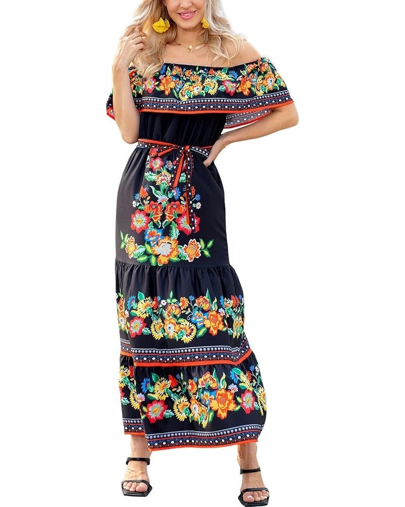 Mexican Dress for Women Off Shoulder Floral Print Maxi Dress Summer Party Casual Sundress Dresses Black Chiffon $19.37 Dresses