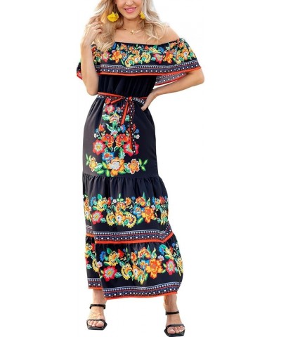 Mexican Dress for Women Off Shoulder Floral Print Maxi Dress Summer Party Casual Sundress Dresses Black Chiffon $19.37 Dresses