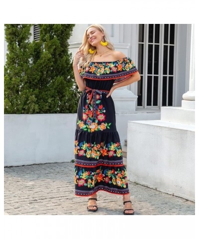 Mexican Dress for Women Off Shoulder Floral Print Maxi Dress Summer Party Casual Sundress Dresses Black Chiffon $19.37 Dresses