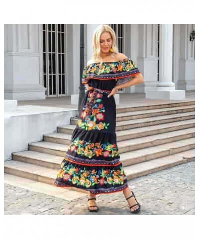 Mexican Dress for Women Off Shoulder Floral Print Maxi Dress Summer Party Casual Sundress Dresses Black Chiffon $19.37 Dresses