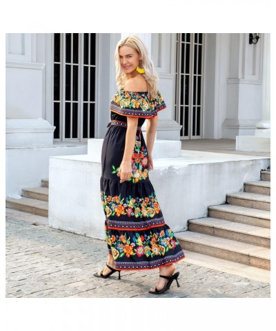 Mexican Dress for Women Off Shoulder Floral Print Maxi Dress Summer Party Casual Sundress Dresses Black Chiffon $19.37 Dresses