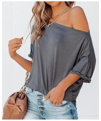 Women's Off Shoulder Tops Casual Short Batwing Sleeve Summer Loose T Shirt Tunic Blouse 1-dark Grey $10.68 Blouses