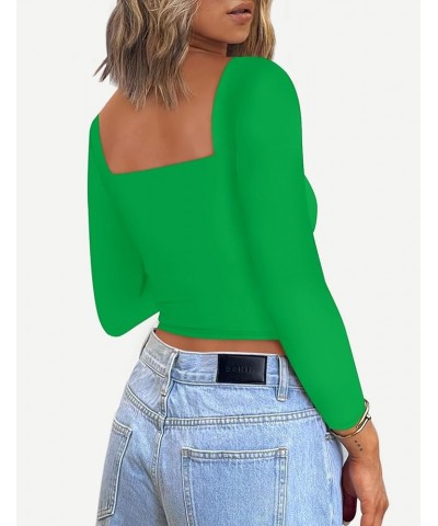 Women's Long Sleeve Square Neck Crop Tops Slim Fitted T-Shirts Double Lined Tops Green $11.25 T-Shirts