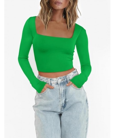 Women's Long Sleeve Square Neck Crop Tops Slim Fitted T-Shirts Double Lined Tops Green $11.25 T-Shirts