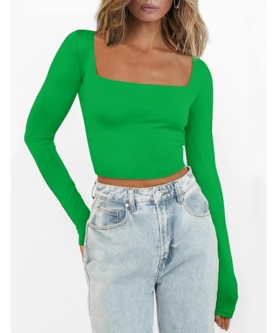 Women's Long Sleeve Square Neck Crop Tops Slim Fitted T-Shirts Double Lined Tops Green $11.25 T-Shirts