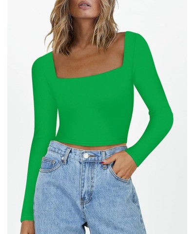 Women's Long Sleeve Square Neck Crop Tops Slim Fitted T-Shirts Double Lined Tops Green $11.25 T-Shirts