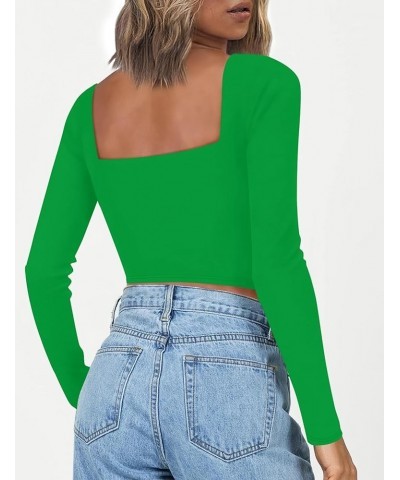 Women's Long Sleeve Square Neck Crop Tops Slim Fitted T-Shirts Double Lined Tops Green $11.25 T-Shirts