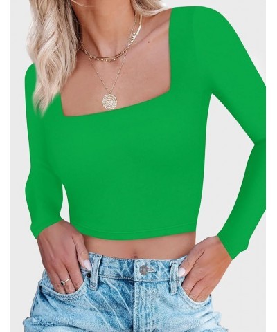 Women's Long Sleeve Square Neck Crop Tops Slim Fitted T-Shirts Double Lined Tops Green $11.25 T-Shirts