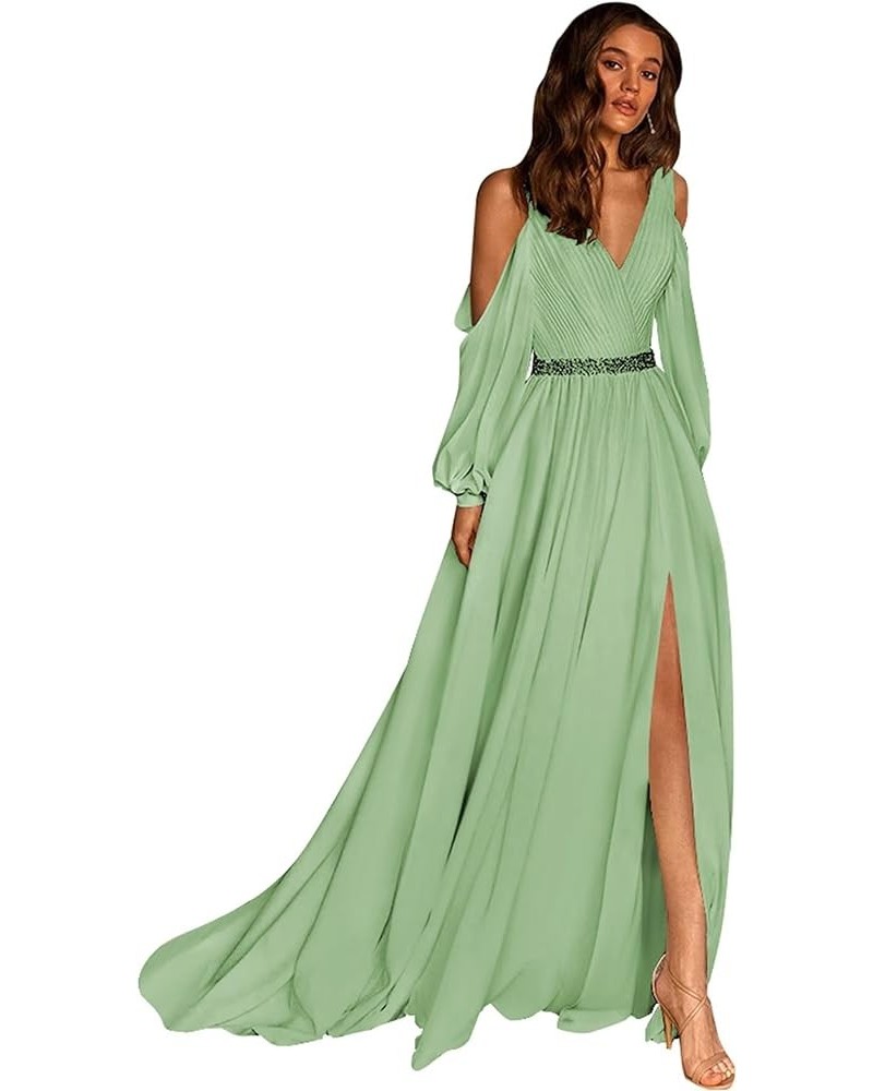 Long Sleeve Prom Dresses for Women Chiffon Off Shoulder Slit Formal Evening Gowns Bridesmaid Dress Sage Green $31.79 Dresses