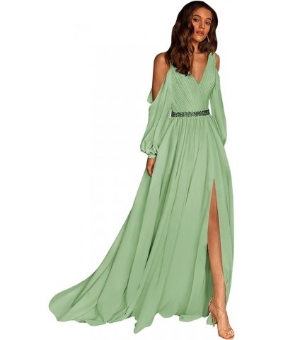 Long Sleeve Prom Dresses for Women Chiffon Off Shoulder Slit Formal Evening Gowns Bridesmaid Dress Sage Green $31.79 Dresses