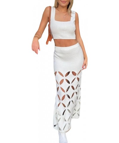 Knitted Maxi Skirt Sets Women 2 Piece Outfits Sexy Sleeveless Crop Tank Top and Bodycon Skirts Club Dress Y2K Y2k-white $17.6...