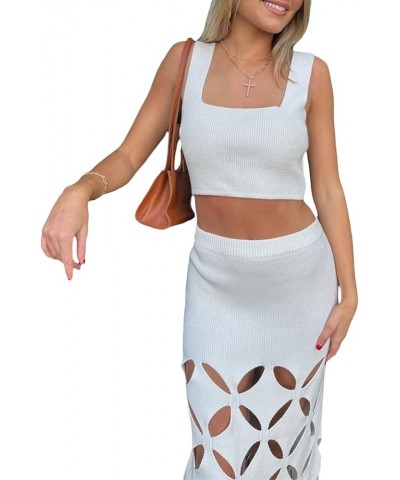 Knitted Maxi Skirt Sets Women 2 Piece Outfits Sexy Sleeveless Crop Tank Top and Bodycon Skirts Club Dress Y2K Y2k-white $17.6...