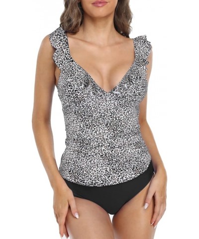 Women's Tankini Swimsuits Shirred Tummy Control Swimwear Ruffled V Neck Two Piece Bathing Suits Leopard Pattern 1 $21.83 Swim...